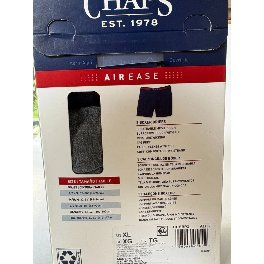 Chaps AirEase Mens XL Boxer Briefs 3 Pack Moisture Wicking Cotton Blend New